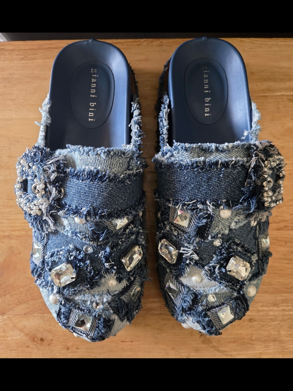 Gianni Bini Omari Denim Patchwork Jewel/ Pearl  Platform Clogs - Picture 5 of 9